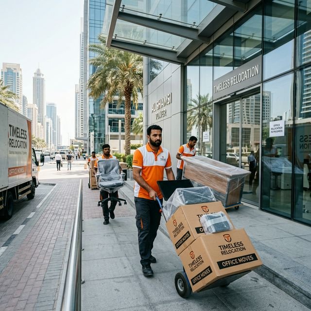 Commercial office relocation team carefully packing office furniture in Dubai