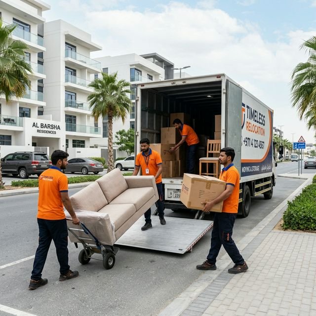 House movers carefully handling furniture in a Dubai apartment