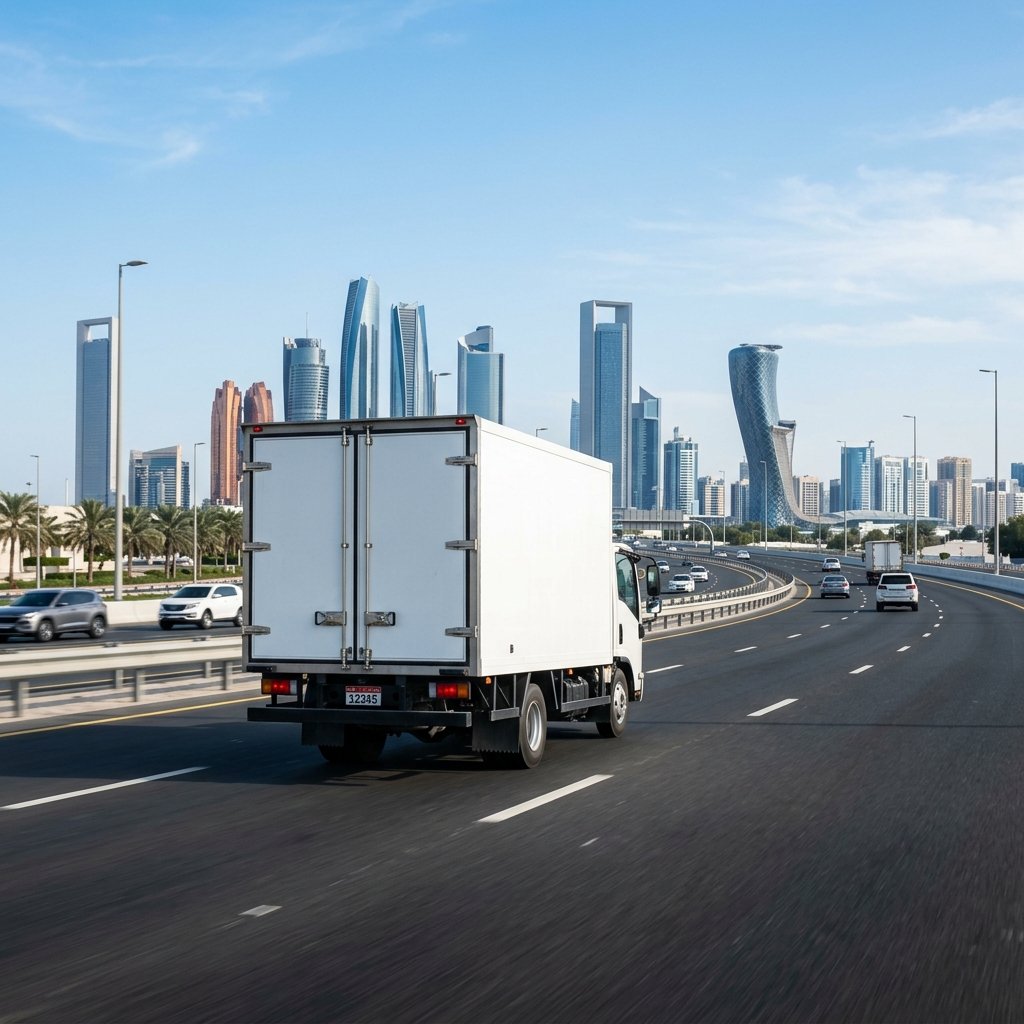 White Timeless Relocation moving truck on Sheikh Zayed Road approaching Abu Dhabi skyline