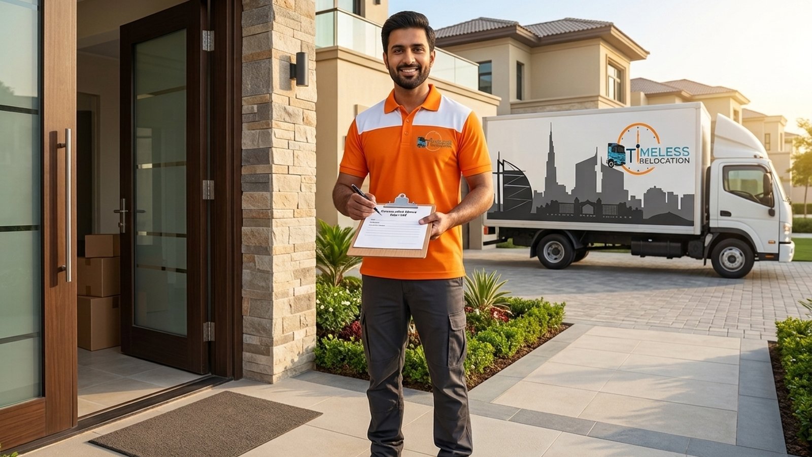 Timeless Relocation movers in orange uniforms moving boxes in a Al Barari tower lobby