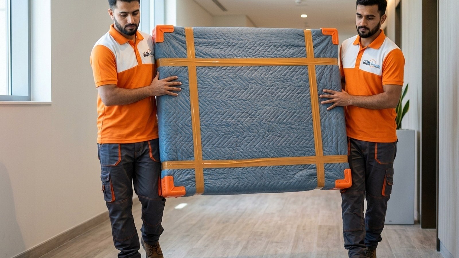 Timeless Relocation movers in orange uniforms moving boxes in a Al Barsha tower lobby