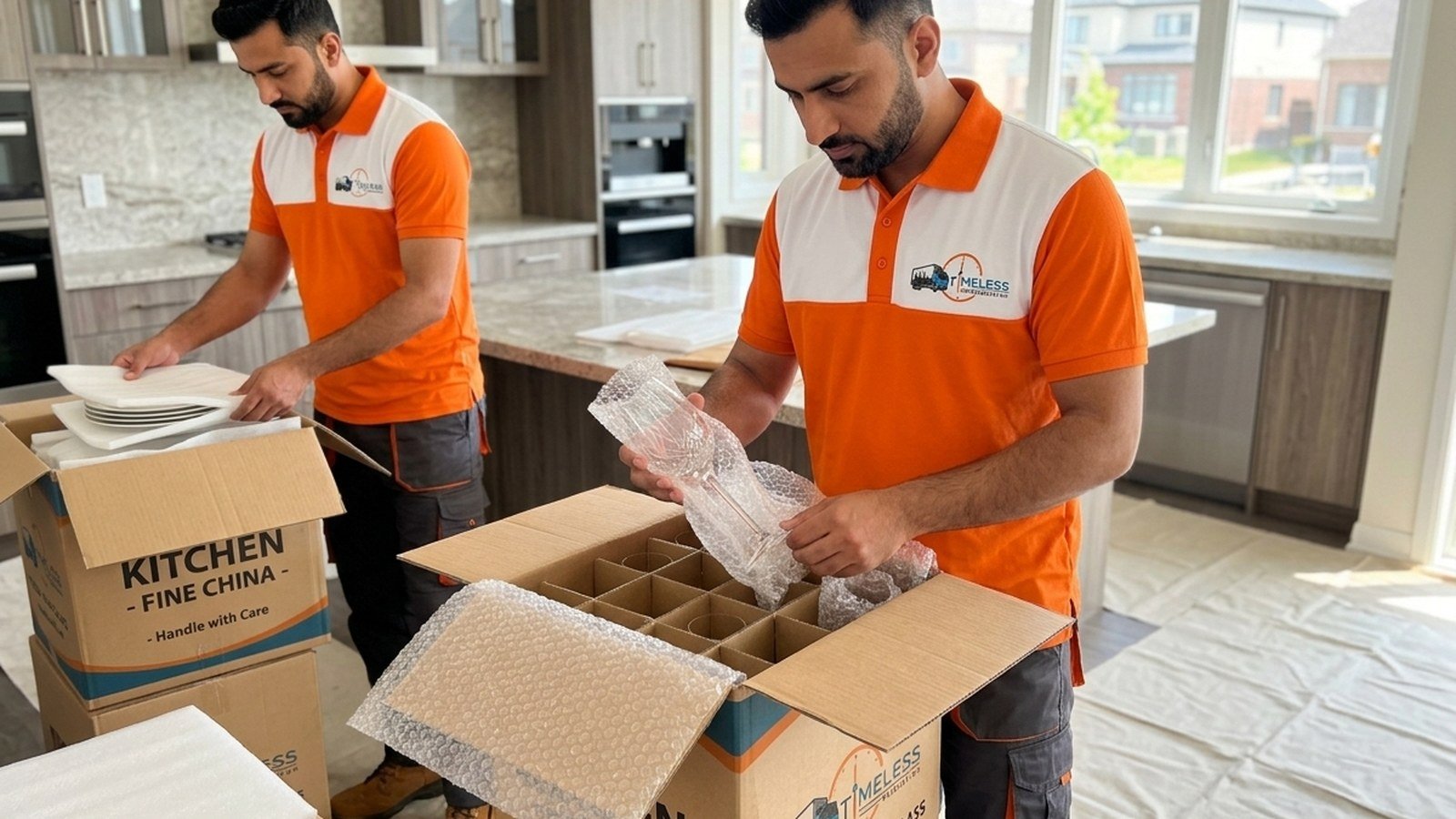 Timeless Relocation movers in orange uniforms moving boxes in a Al Jaddaf tower lobby