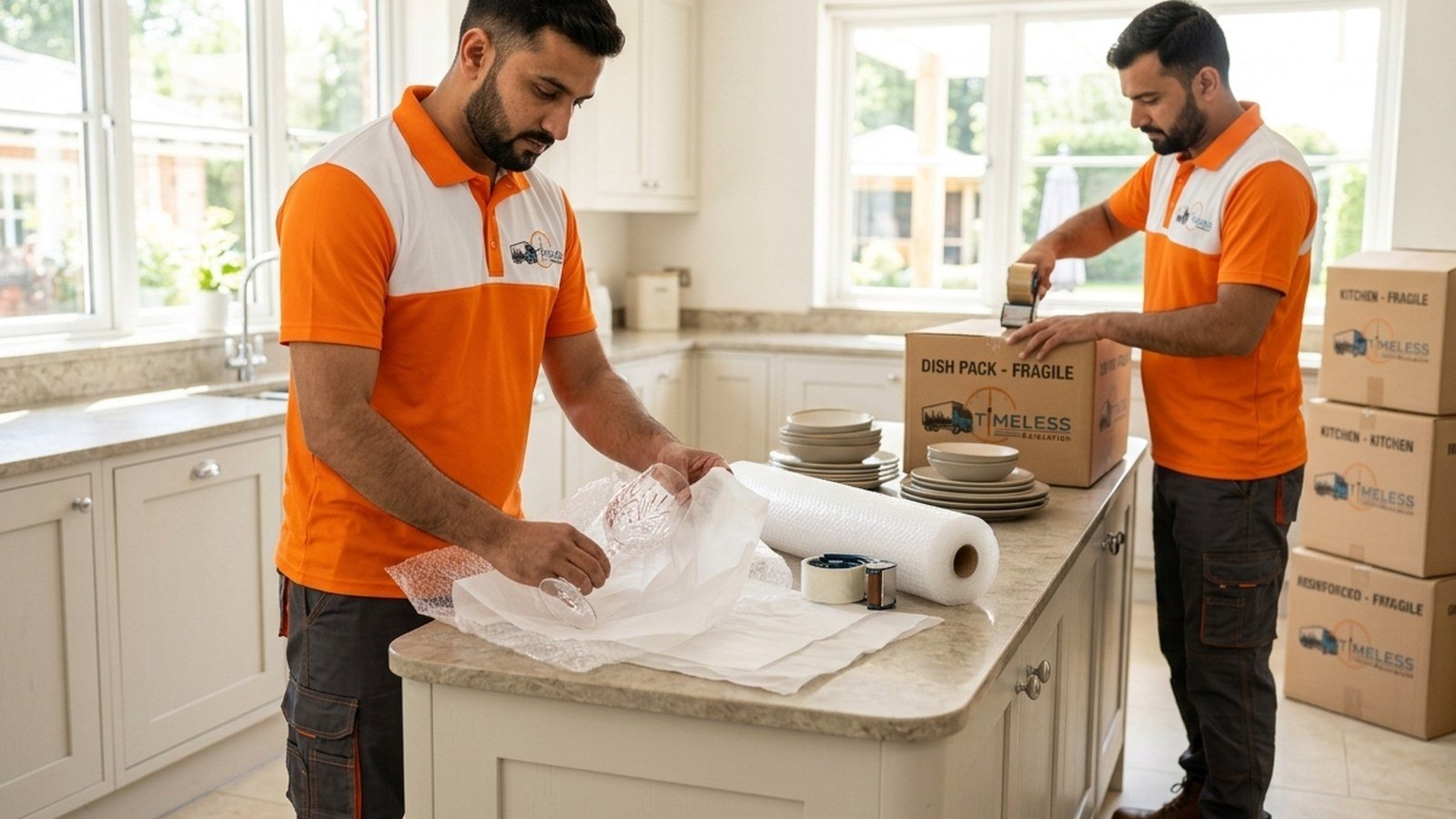 Timeless Relocation movers in orange uniforms moving boxes in a Al Nahda tower lobby