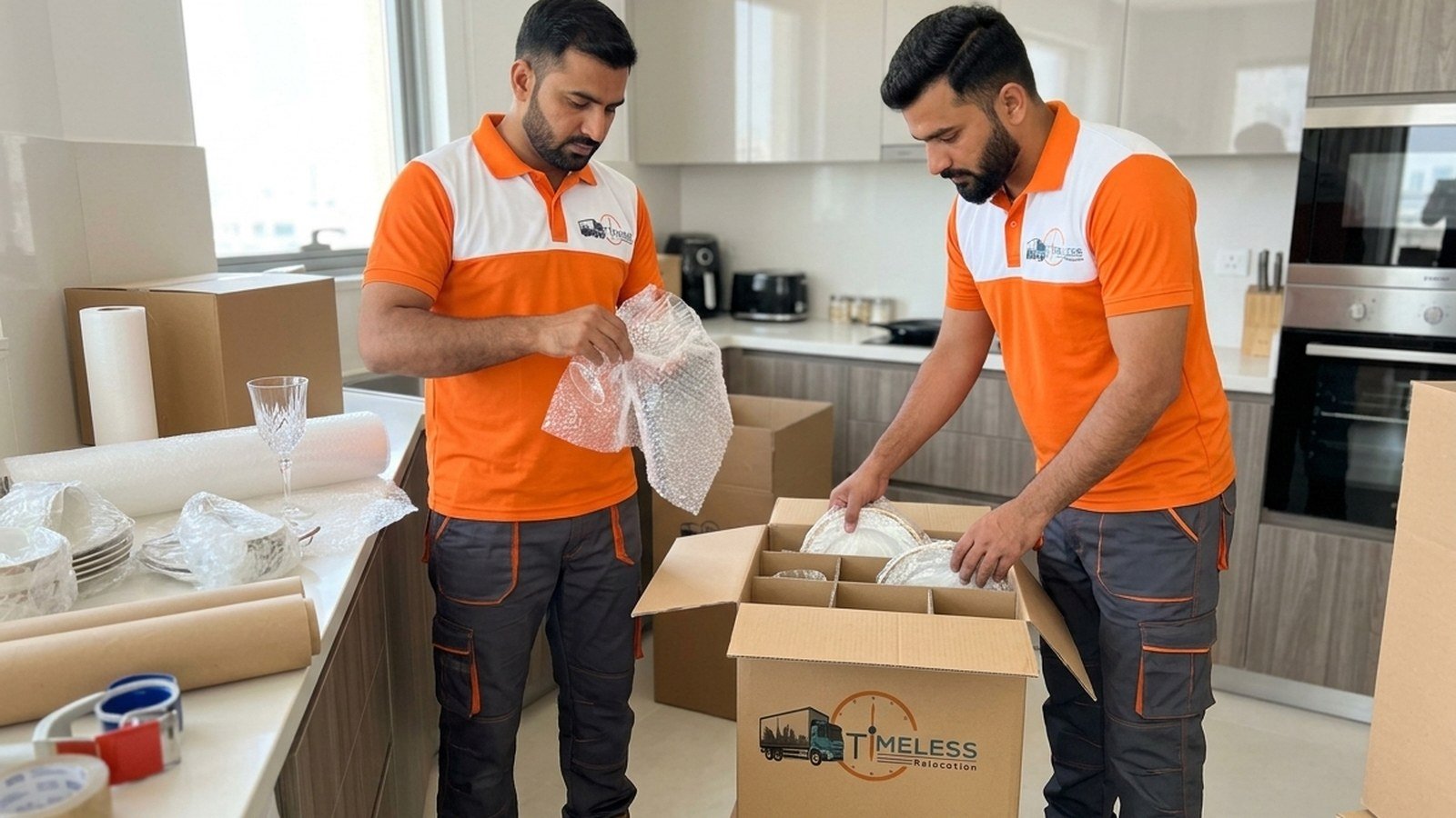 Timeless Relocation movers in orange uniforms moving boxes in a Al Qusais tower lobby