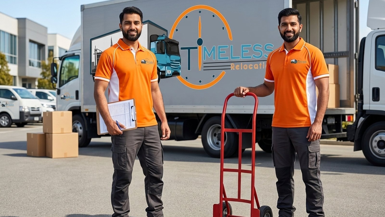 Timeless Relocation movers in orange uniforms moving boxes in a Arabian Ranches 2 tower lobby