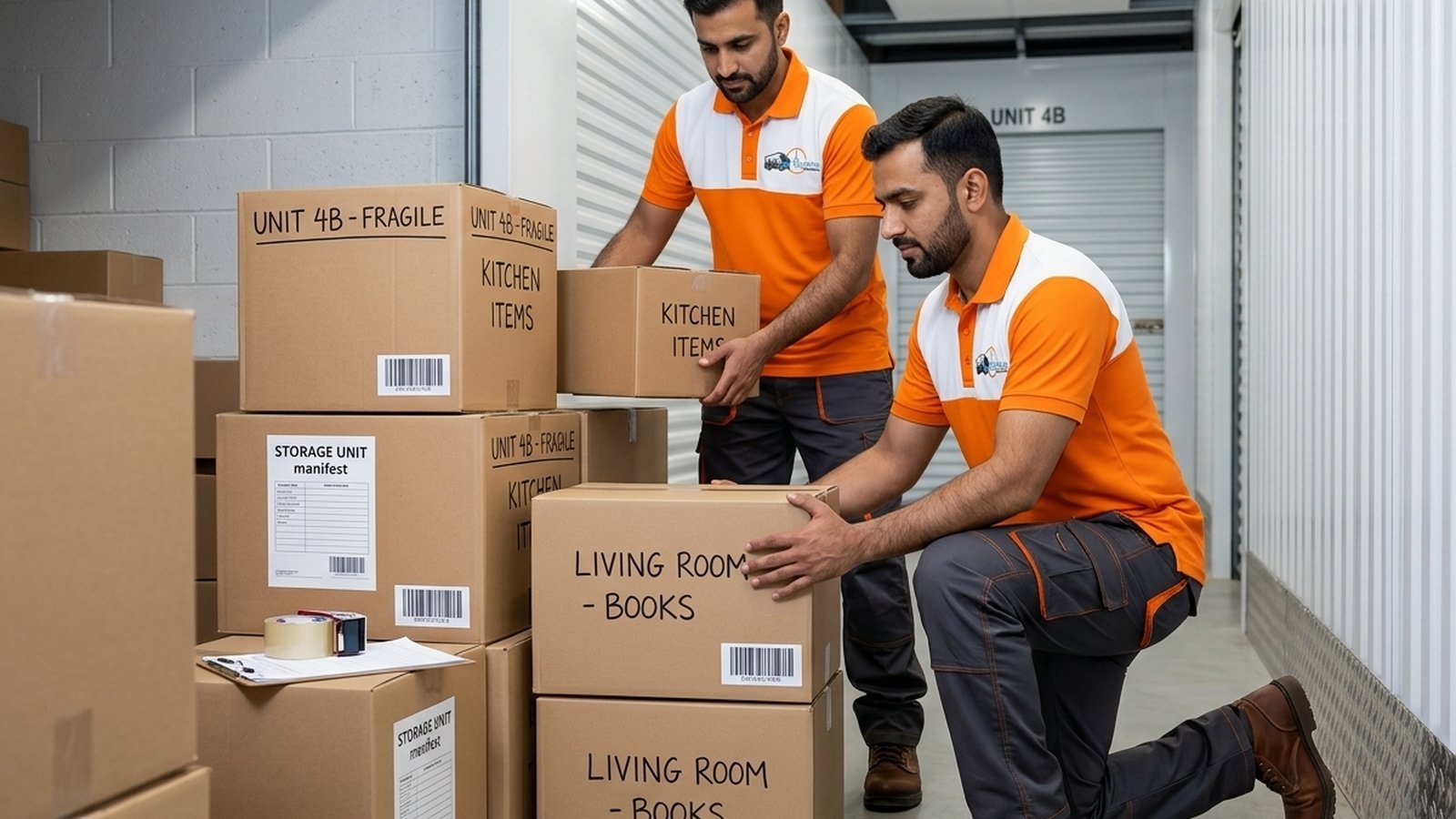 Timeless Relocation movers in orange uniforms moving boxes in a Arabian Ranches 3 tower lobby