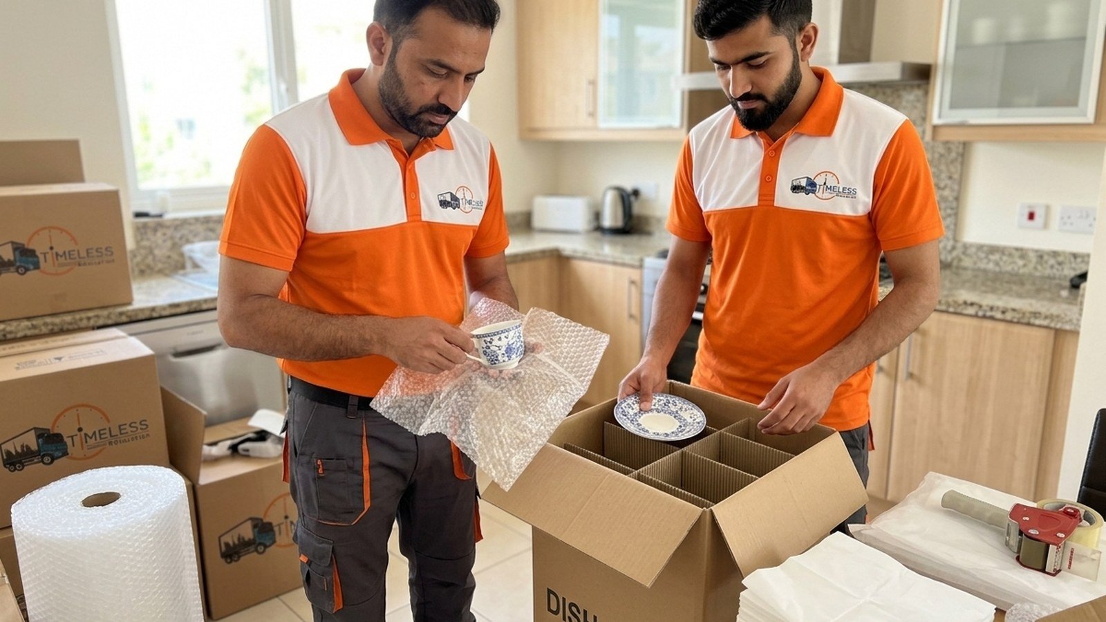 Timeless Relocation movers in orange uniforms moving boxes in a Arabian Ranches tower lobby