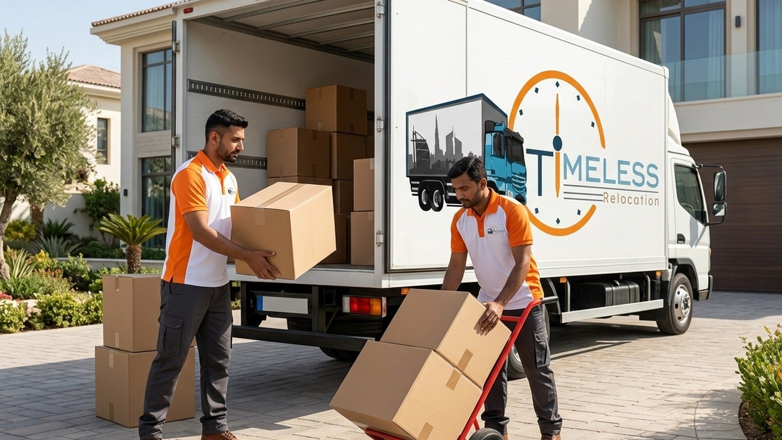 Timeless Relocation movers in orange uniforms moving boxes in a Barsha Heights tower lobby