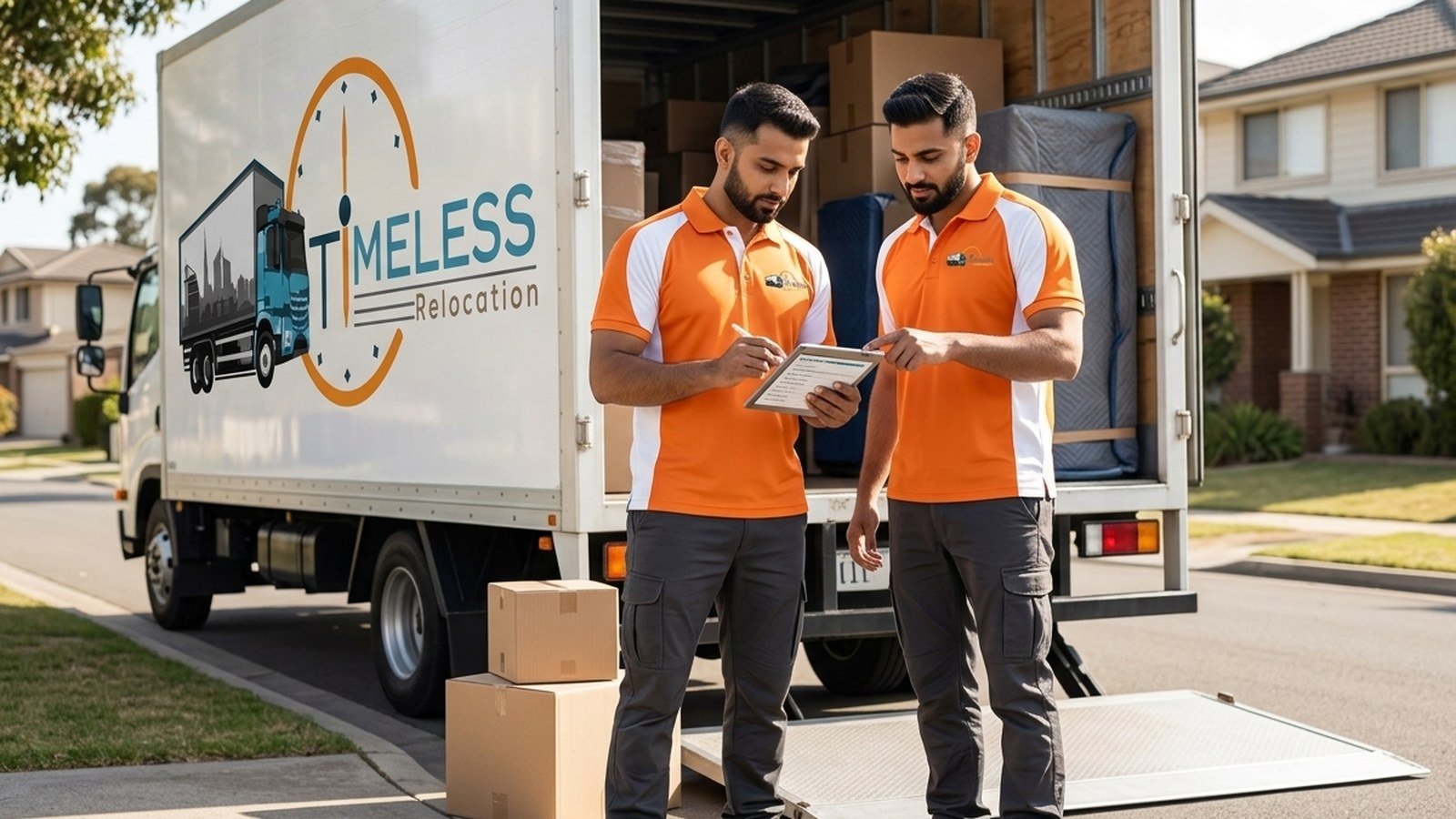 Timeless Relocation movers in orange uniforms moving boxes in a Bur Dubai tower lobby