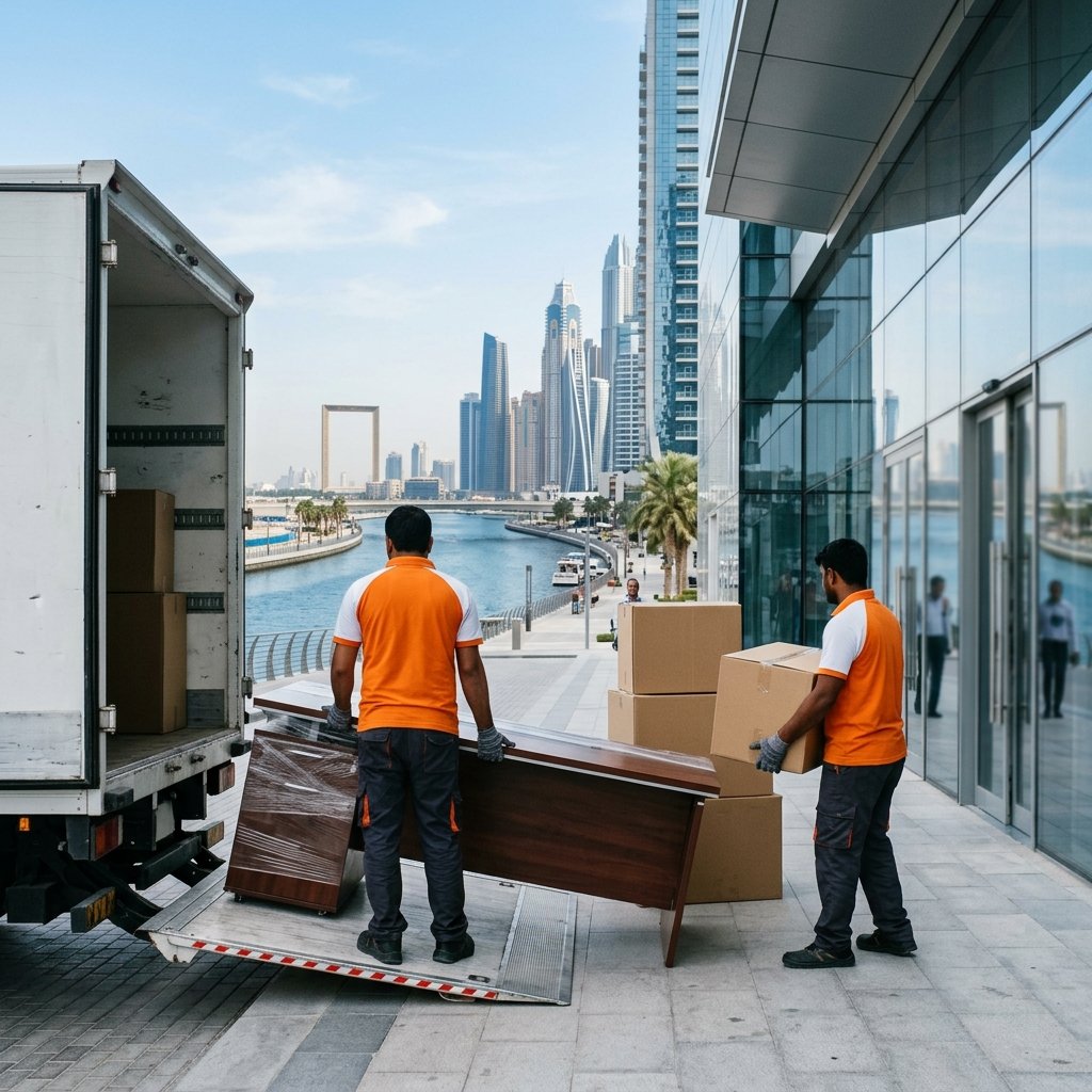 Timeless Relocation crew unloading boxes at a Business Bay tower with Dubai Canal in the background