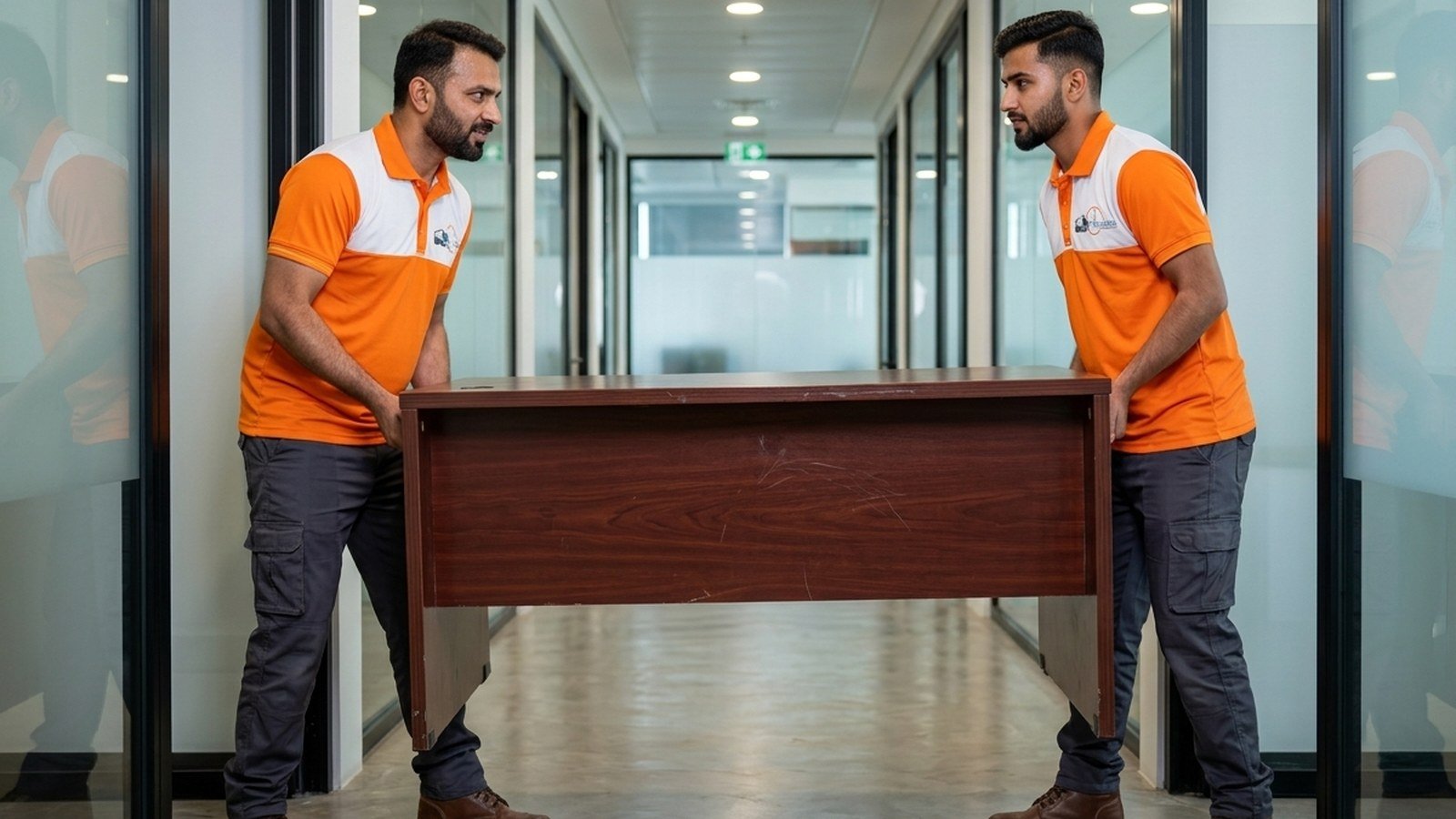 Timeless Relocation movers in orange uniforms moving boxes in a Culture Village tower lobby