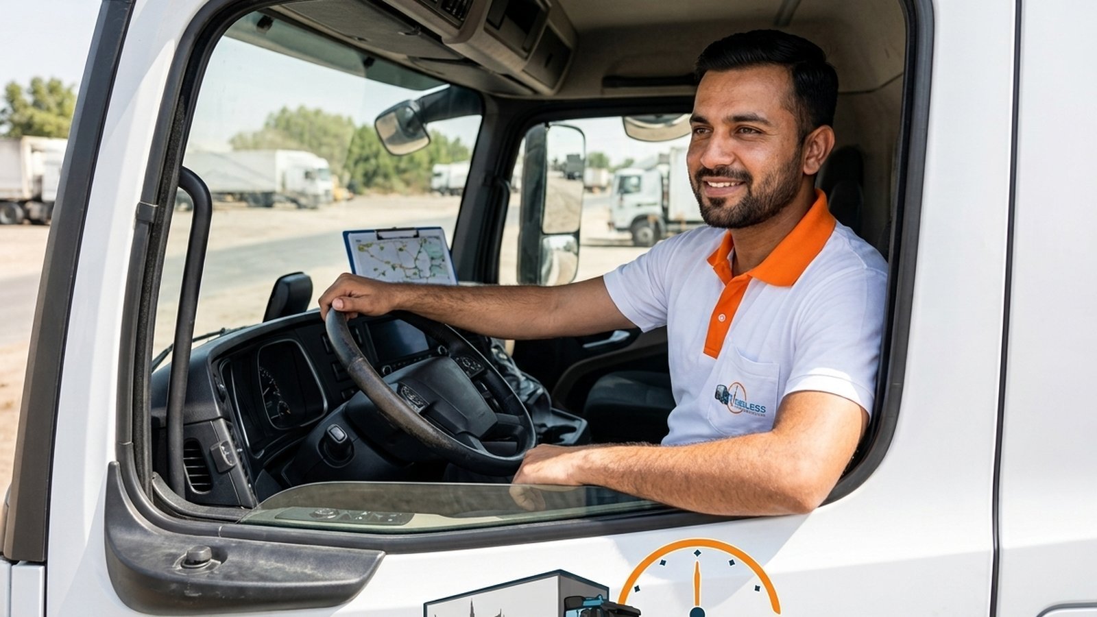 Timeless Relocation movers in orange uniforms moving boxes in a Damac Hills 2 tower lobby