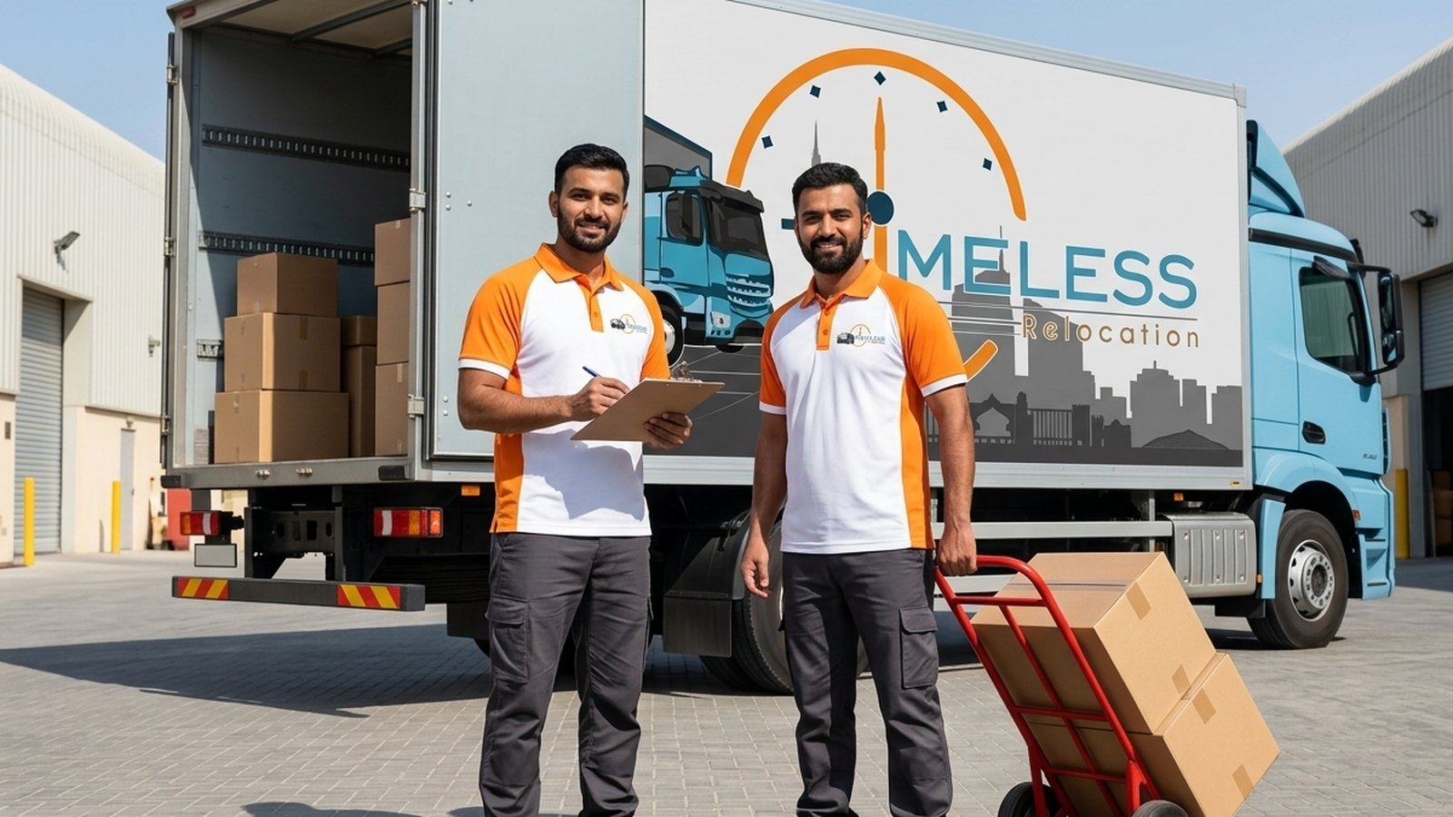 Timeless Relocation movers in orange uniforms moving boxes in a Damac Hills tower lobby