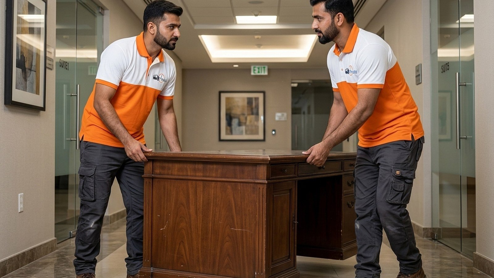 Timeless Relocation movers in orange uniforms moving boxes in a Deira tower lobby
