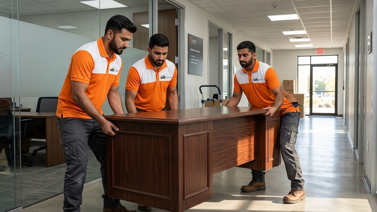 Timeless Relocation movers in orange uniforms moving boxes in a DIFC tower lobby