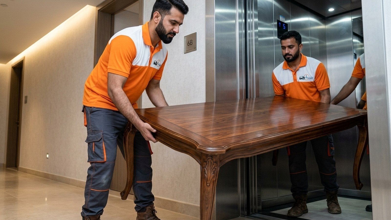 Timeless Relocation movers in orange uniforms moving boxes in a Discovery Gardens tower lobby