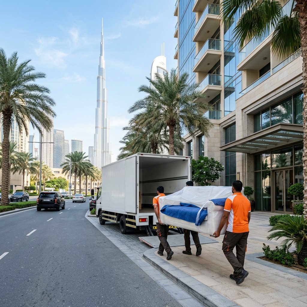 Timeless Relocation crew moving furniture outside a Downtown Dubai tower with Burj Khalifa in the background