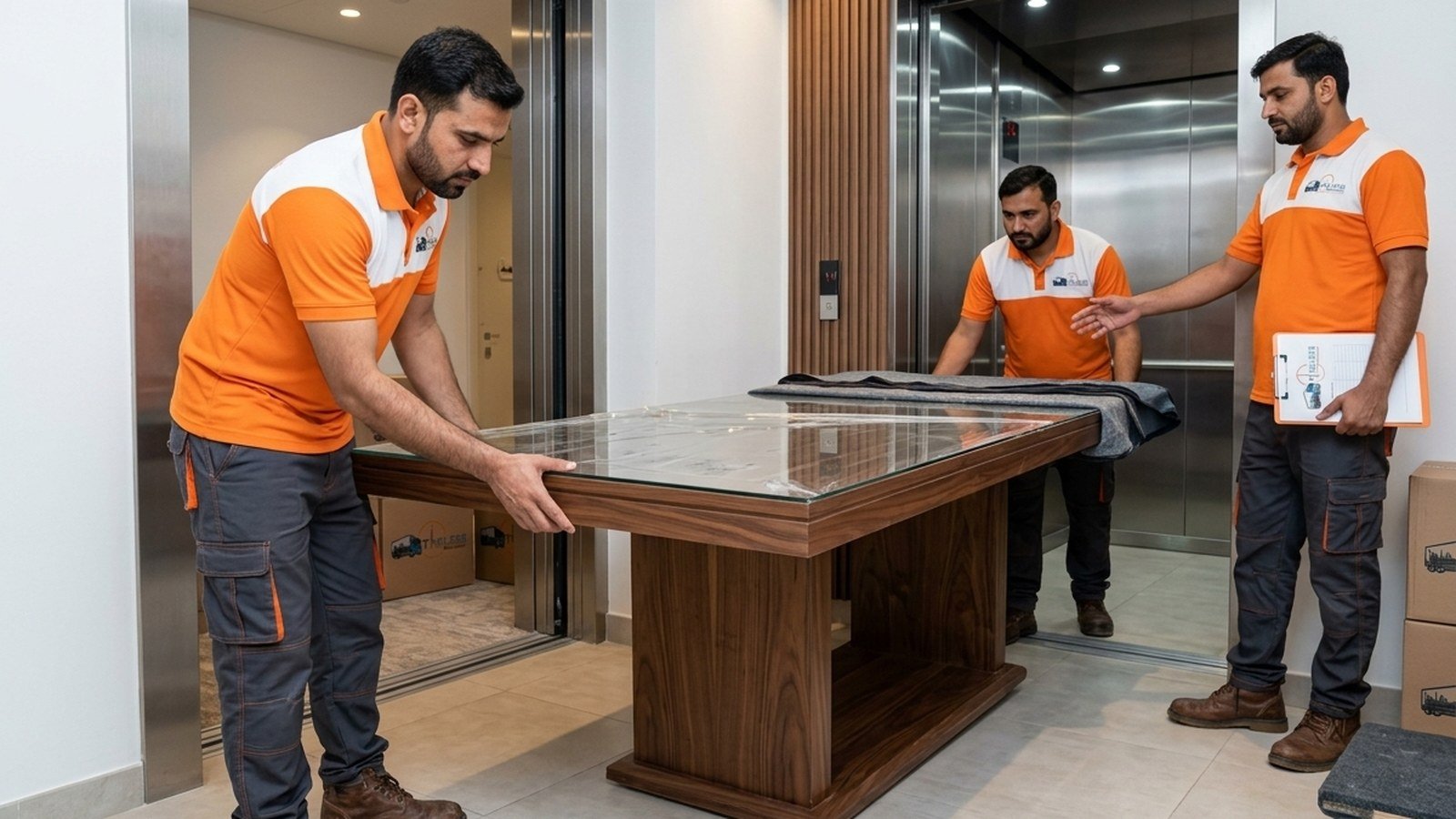 Timeless Relocation movers in orange uniforms moving boxes in a Dubai Festival City tower lobby