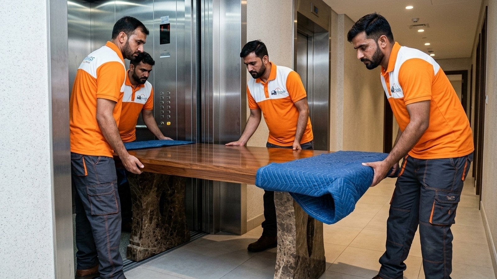 Timeless Relocation movers in orange uniforms moving boxes in a Dubai Hills Estate tower lobby