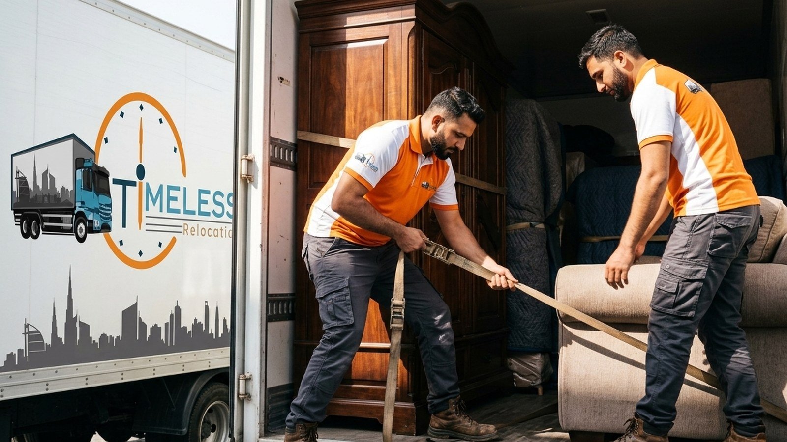 Timeless Relocation movers in orange uniforms moving boxes in a Dubai Internet City tower lobby