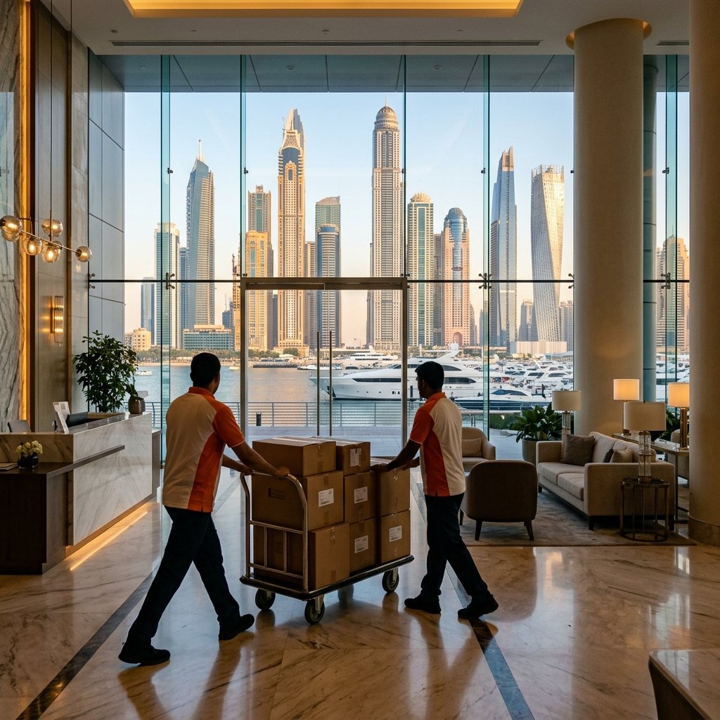 Timeless Relocation movers in orange uniforms moving boxes in a Dubai Marina tower lobby