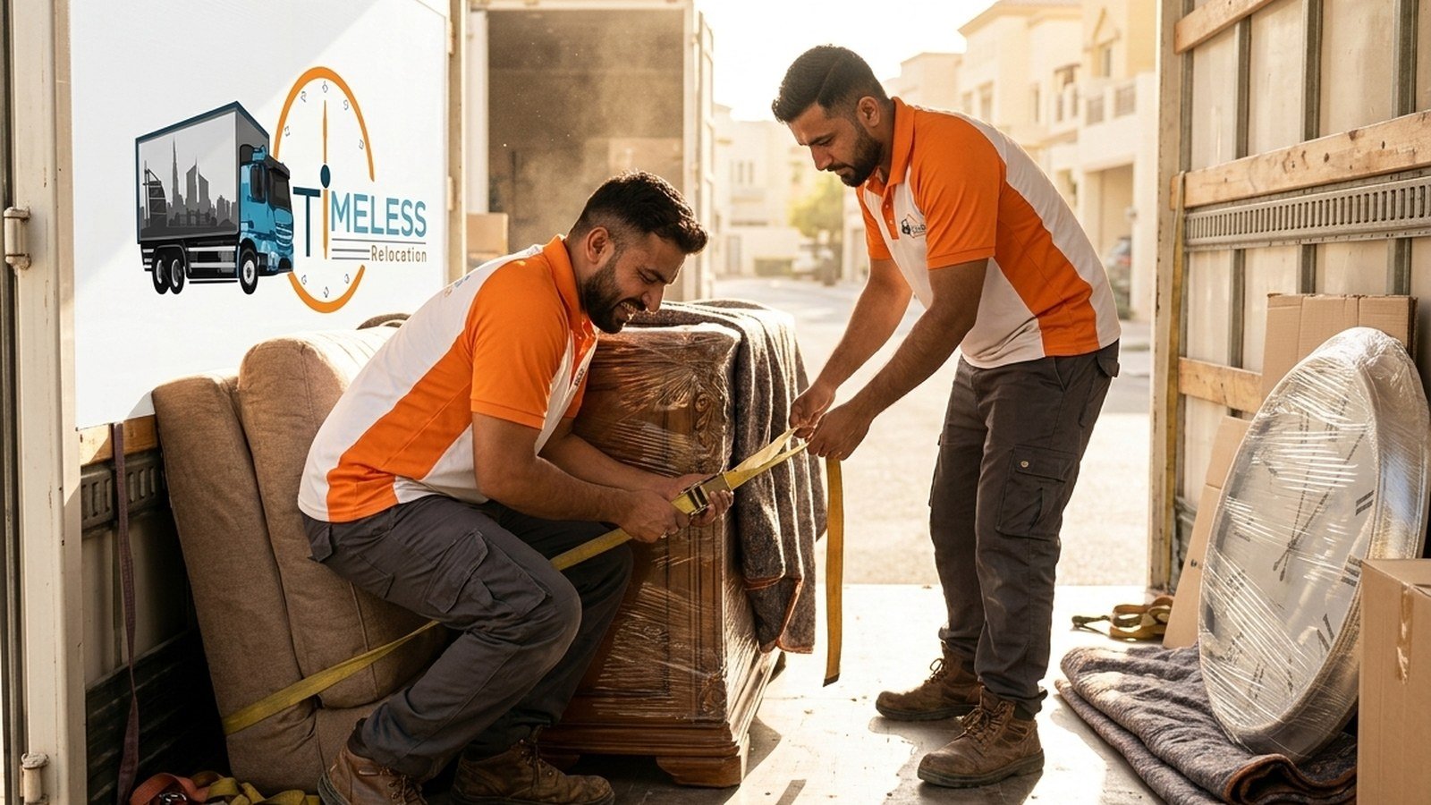 Timeless Relocation movers in orange uniforms moving boxes in a Dubai Media City tower lobby