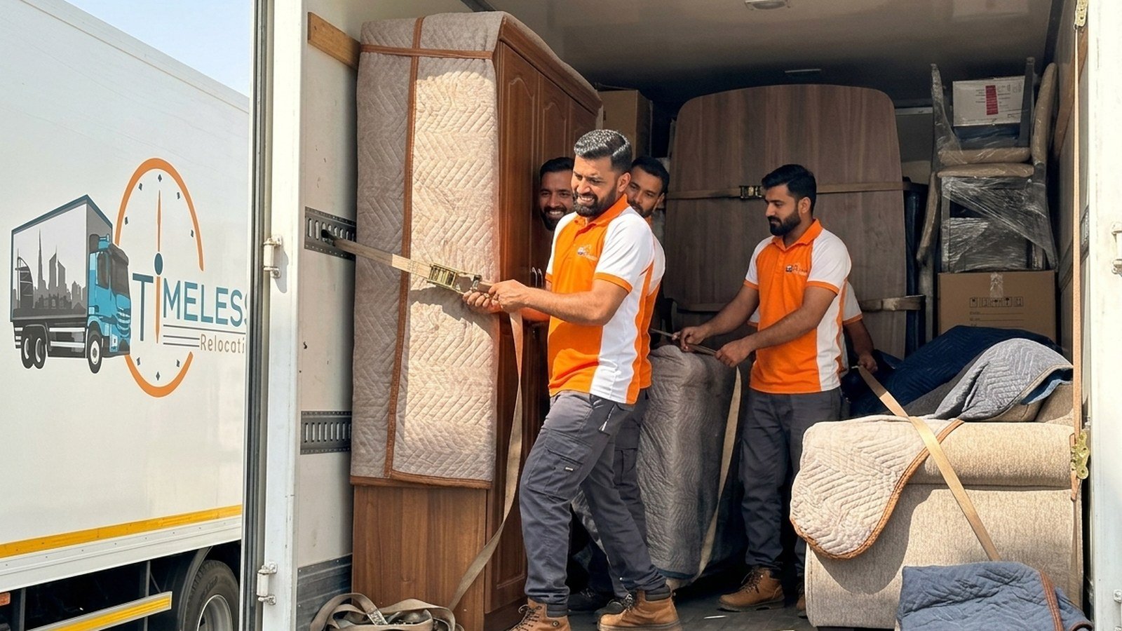 Timeless Relocation movers in orange uniforms moving boxes in a Dubai Production City tower lobby