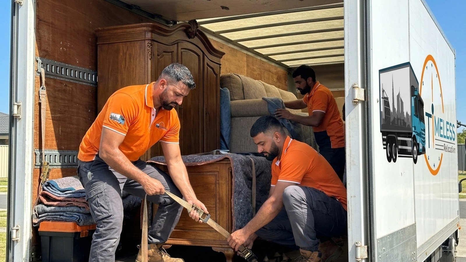 Timeless Relocation movers in orange uniforms moving boxes in a Dubai Silicon Oasis tower lobby