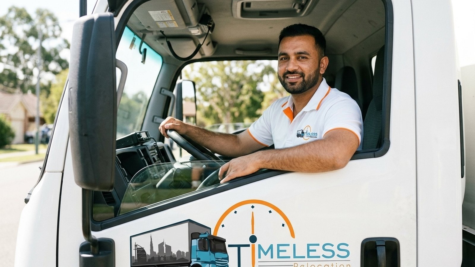 Timeless Relocation movers in orange uniforms moving boxes in a Dubai Sports City tower lobby