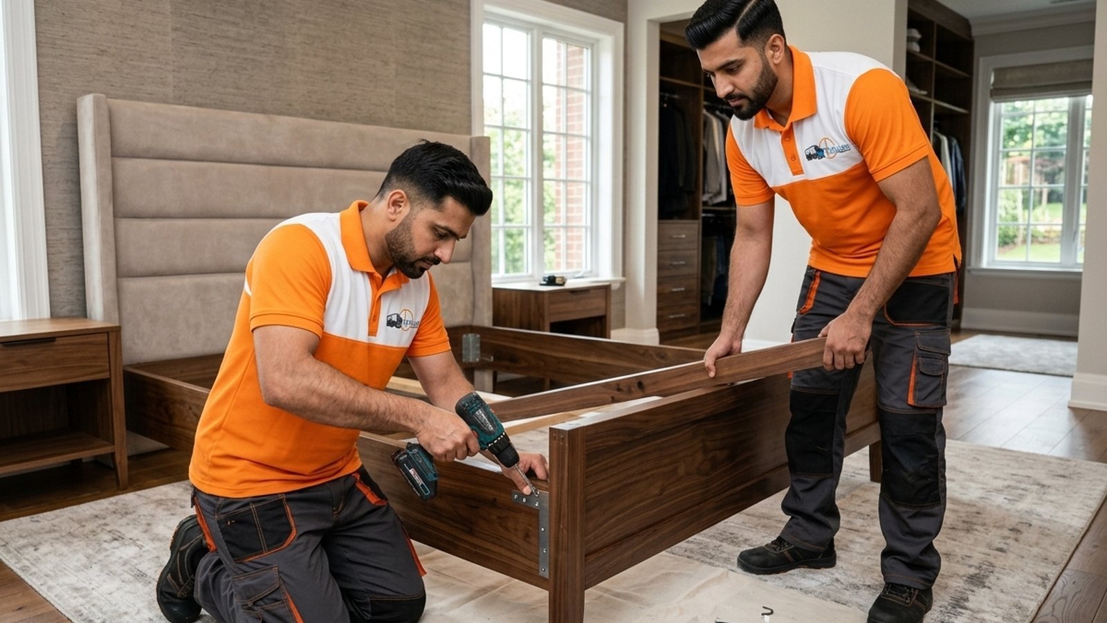 Timeless Relocation movers in orange uniforms moving boxes in a Green Community tower lobby