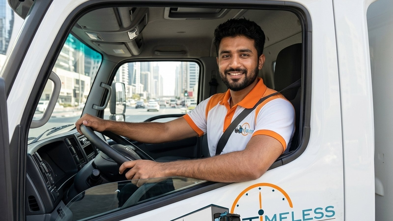 Timeless Relocation movers in orange uniforms moving boxes in a International City tower lobby