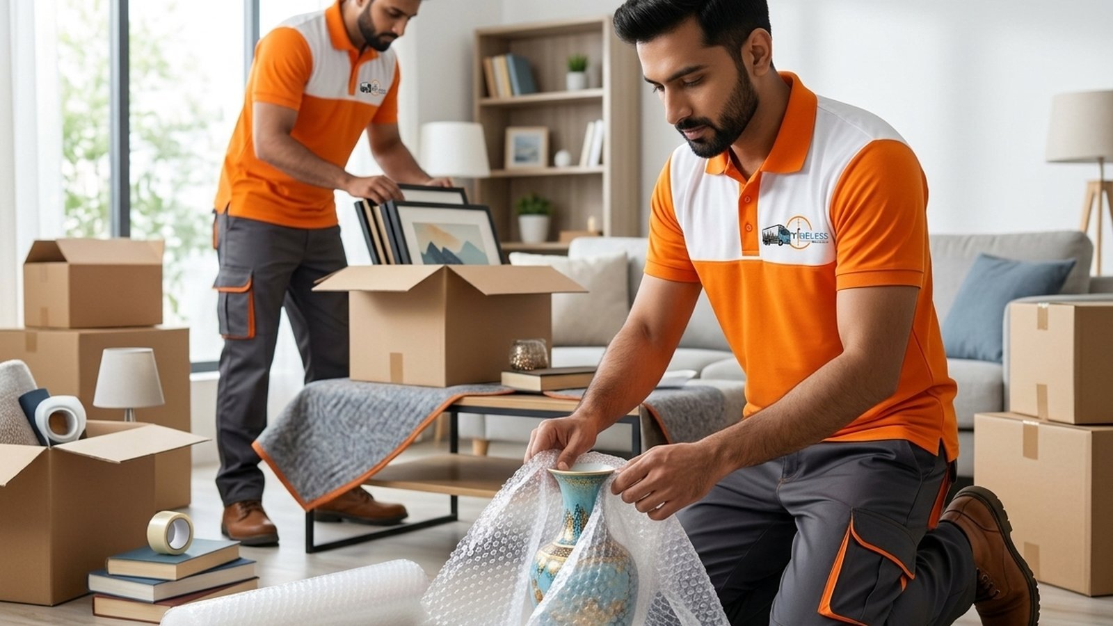 Timeless Relocation movers in orange uniforms moving boxes in a JBR tower lobby