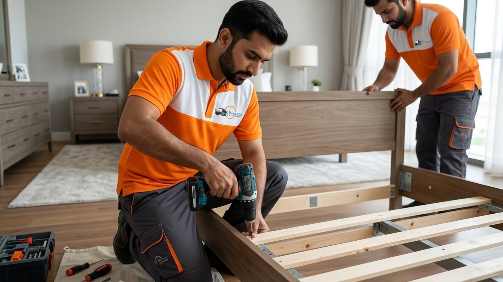 Timeless Relocation movers in orange uniforms moving boxes in a Jumeirah Beach Residence tower lobby
