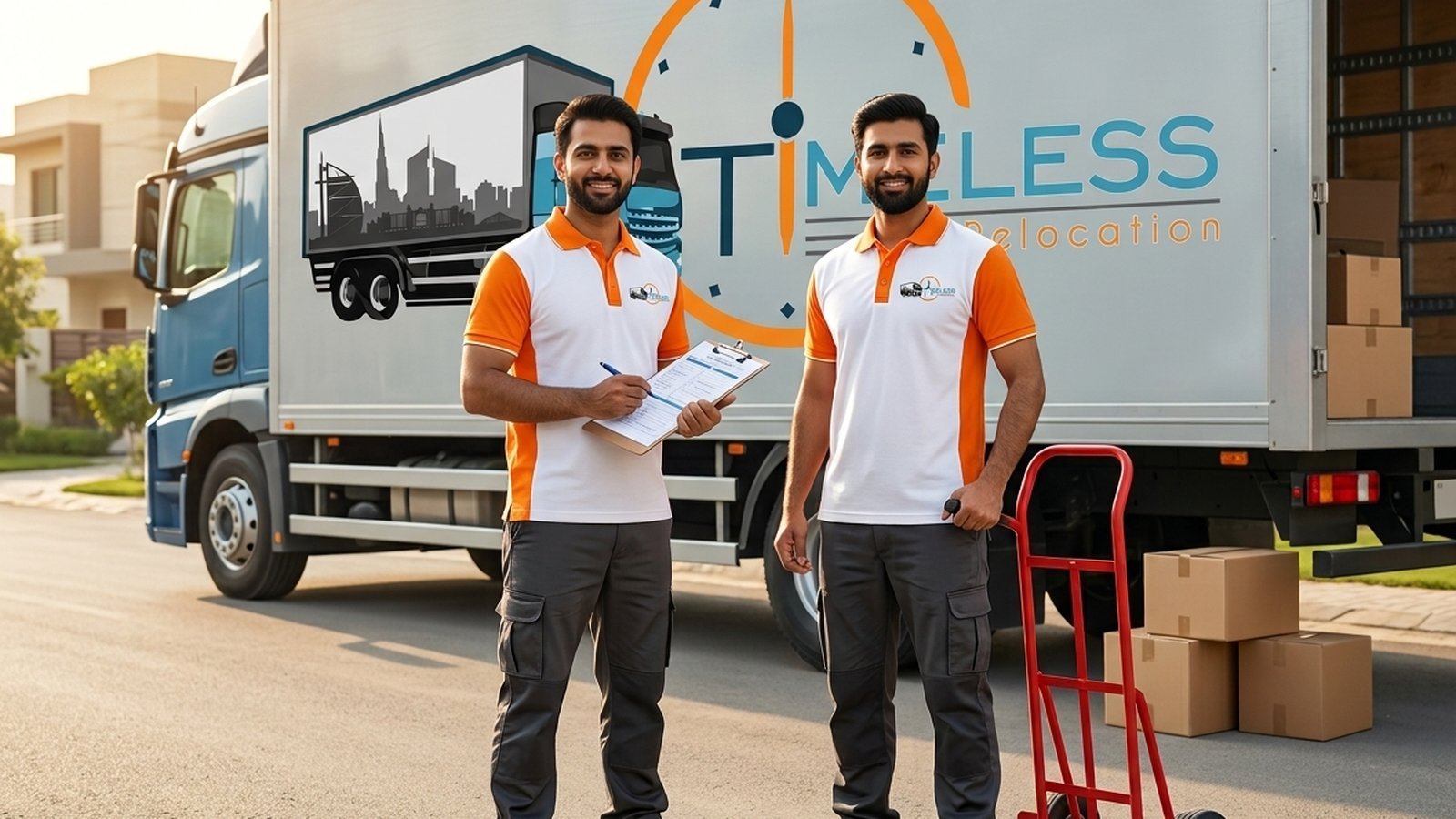 Timeless Relocation movers in orange uniforms moving boxes in a Jumeirah Golf Estates tower lobby