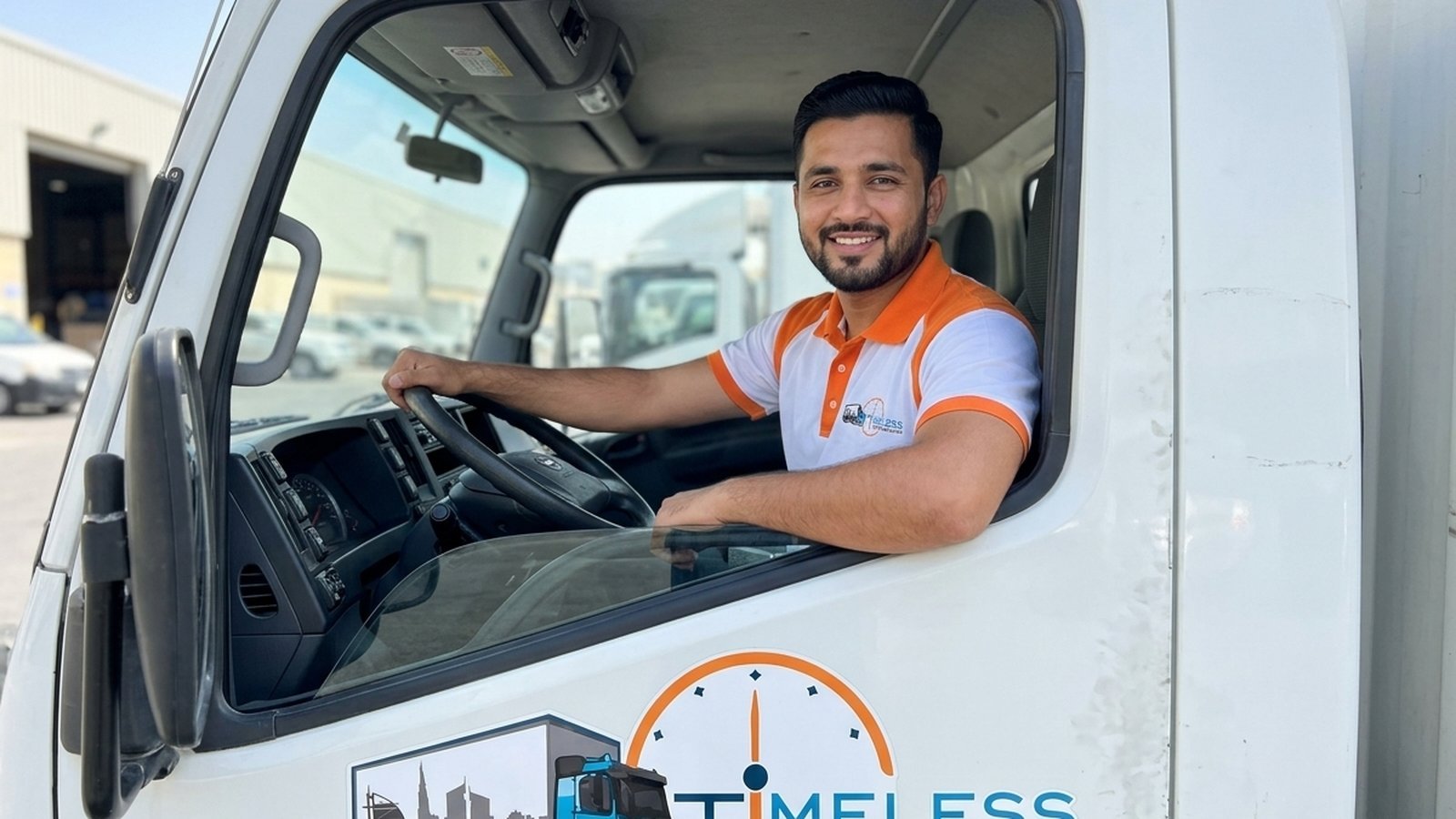 Timeless Relocation movers in orange uniforms moving boxes in a Jumeirah Park tower lobby