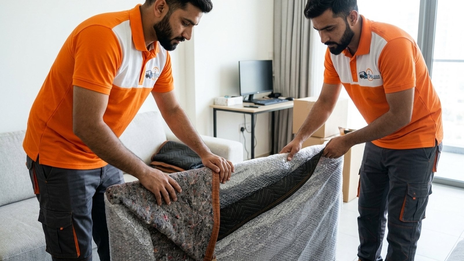 Timeless Relocation movers in orange uniforms moving boxes in a Jumeirah Village Triangle tower lobby