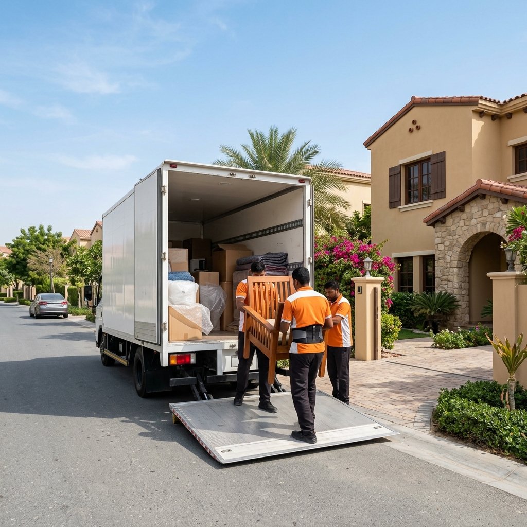 Timeless Relocation movers loading furniture into a white truck outside a JVC townhouse