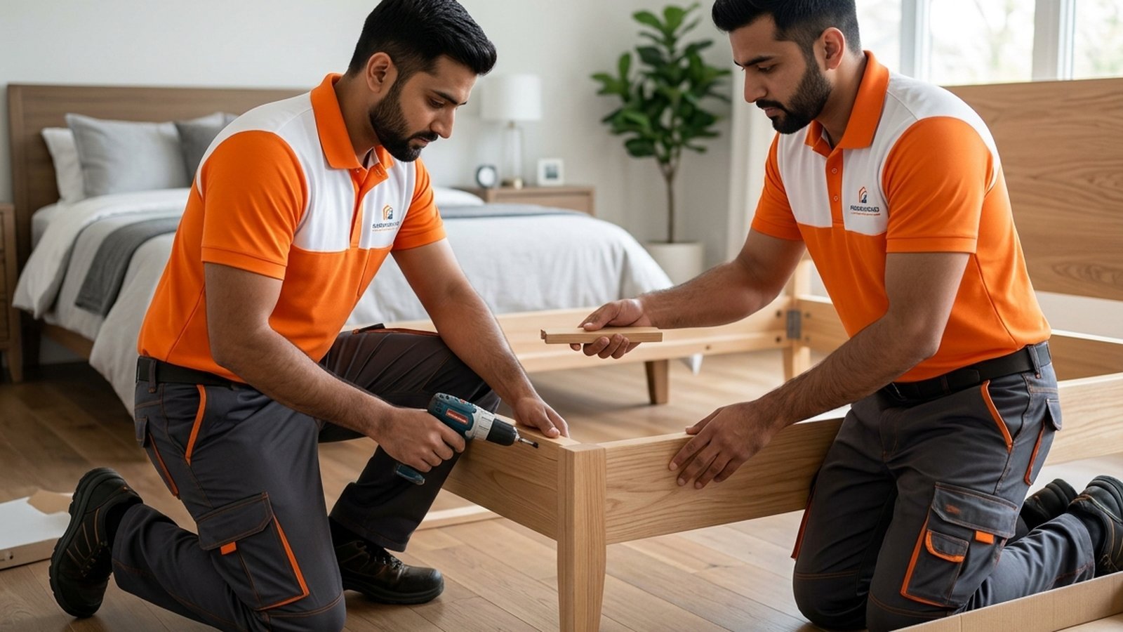 Timeless Relocation movers in orange uniforms moving boxes in a JVT tower lobby
