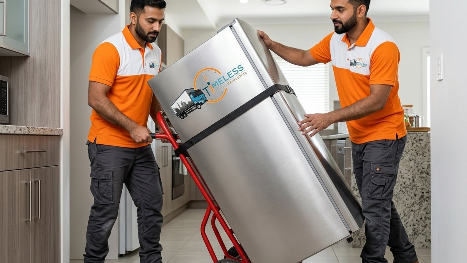 Timeless Relocation movers in orange uniforms moving boxes in a Karama tower lobby