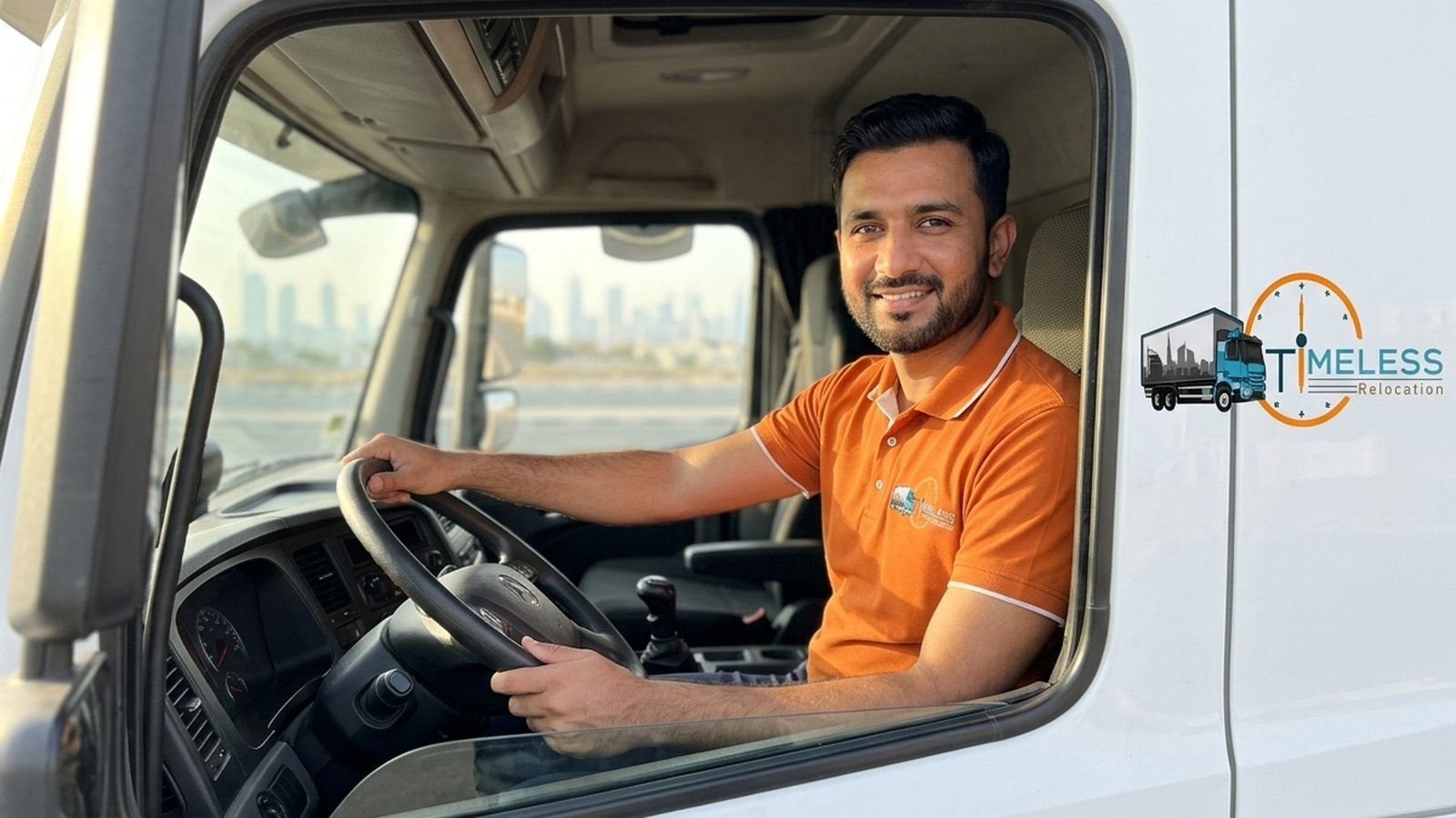 Timeless Relocation movers in orange uniforms moving boxes in a Meydan tower lobby