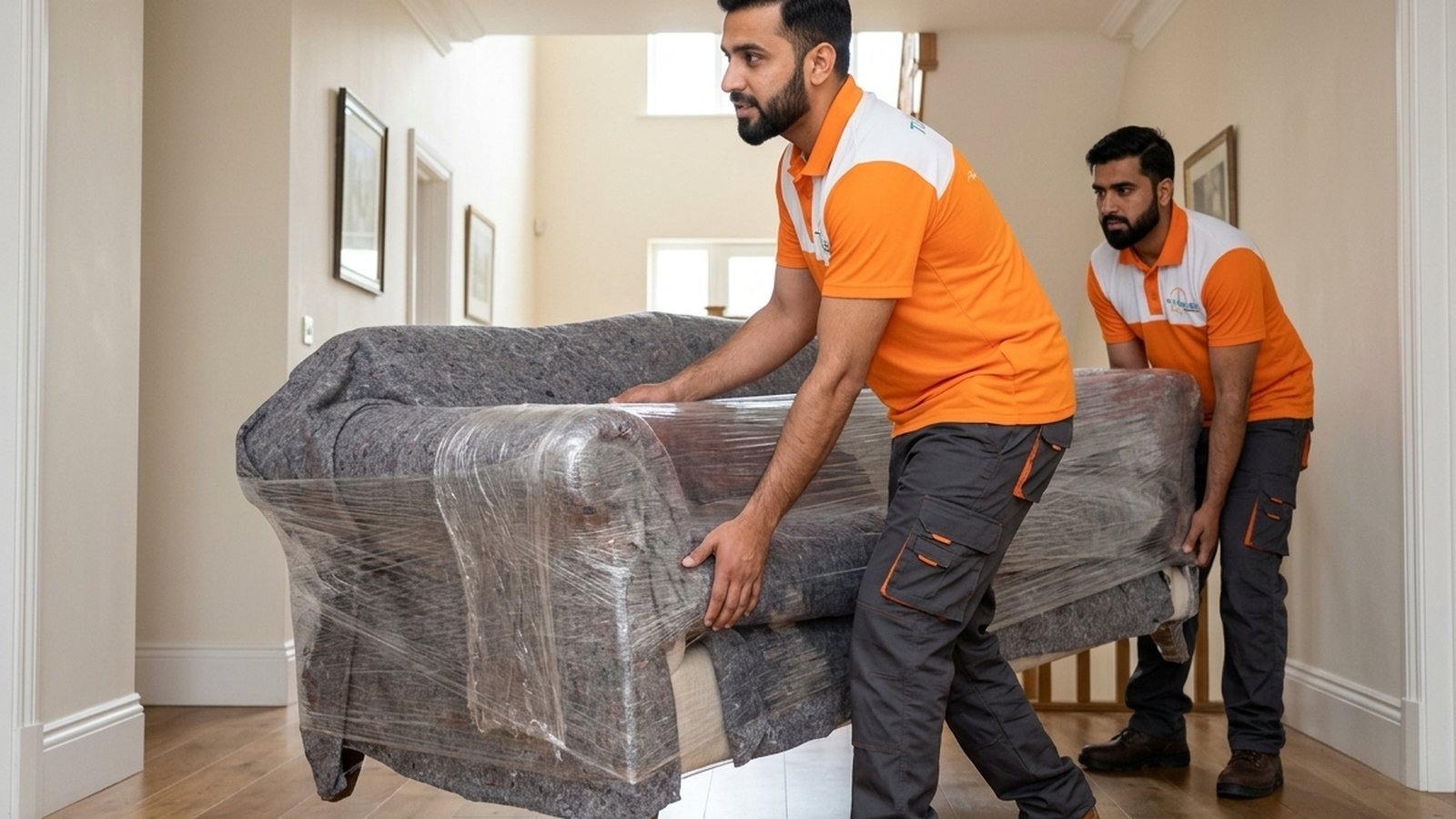 Timeless Relocation movers in orange uniforms moving boxes in a Motor City tower lobby