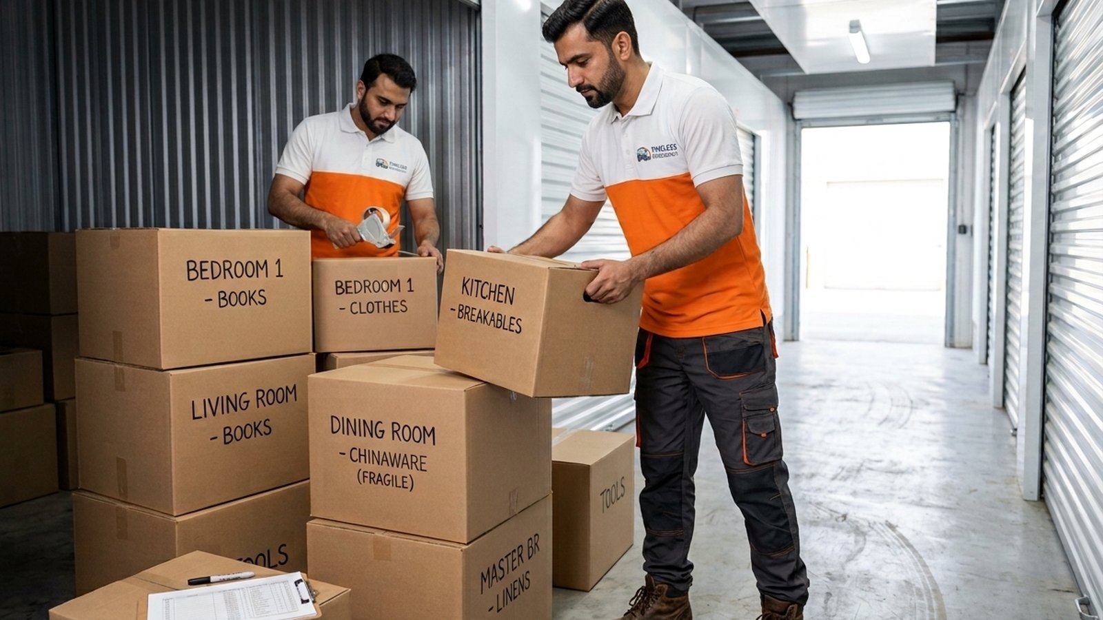 Timeless Relocation movers in orange uniforms moving boxes in a Mudon tower lobby