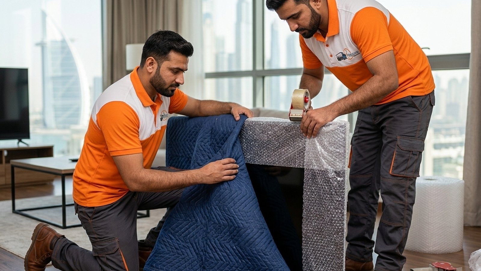 Timeless Relocation movers in orange uniforms moving boxes in a Satwa tower lobby