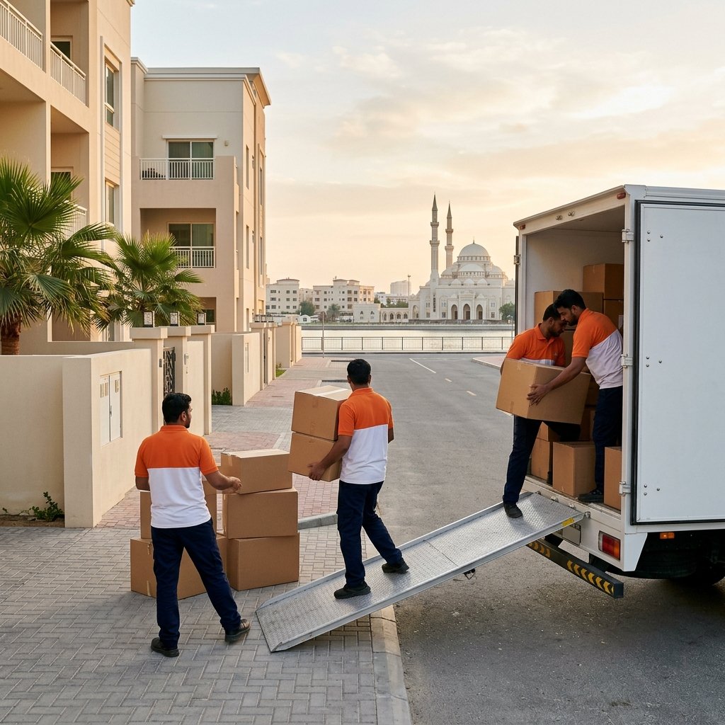 Movers in orange uniforms unloading boxes from a white truck outside a Sharjah Al Majaz building