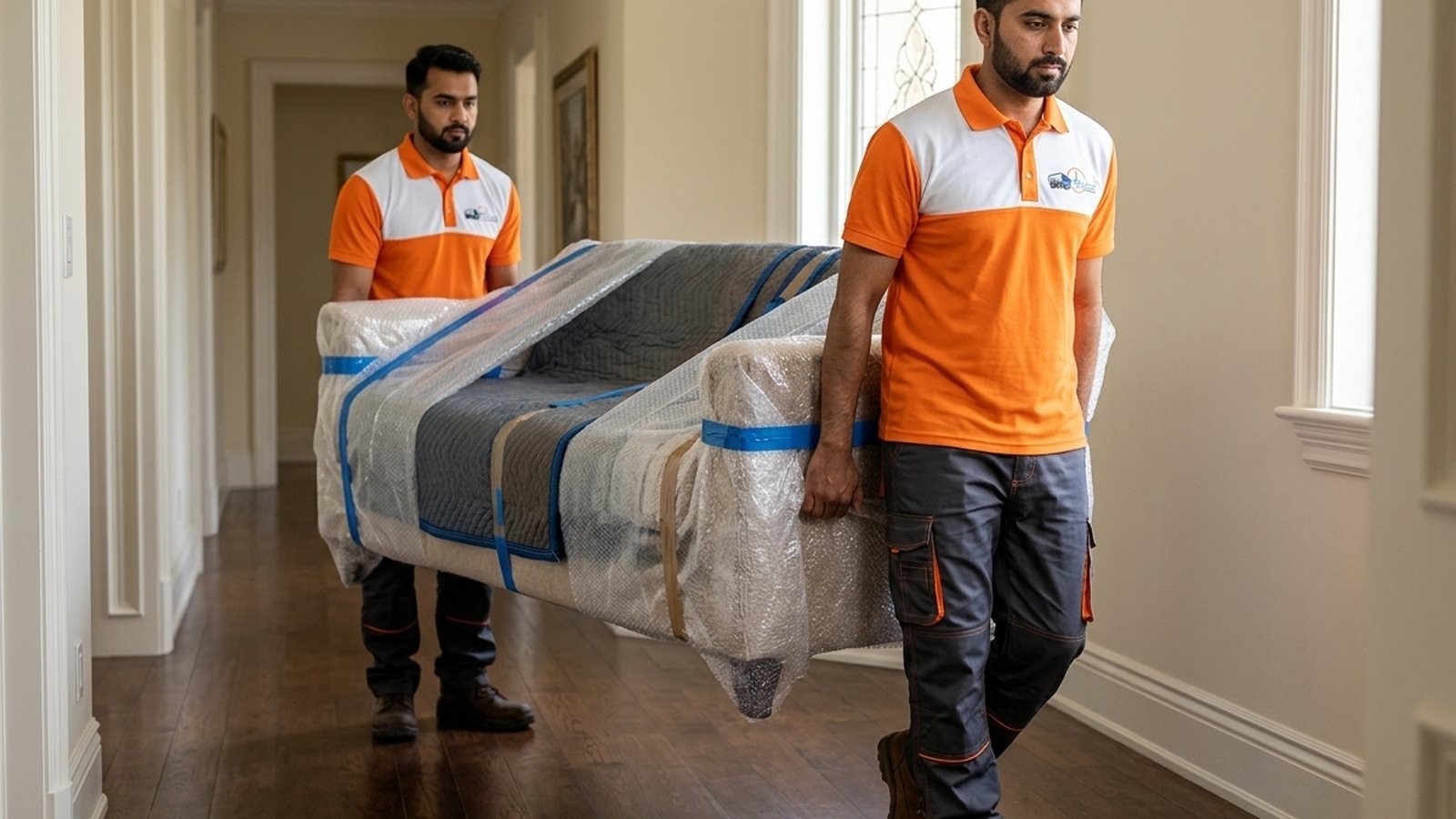 Timeless Relocation movers in orange uniforms moving boxes in a Tecom tower lobby