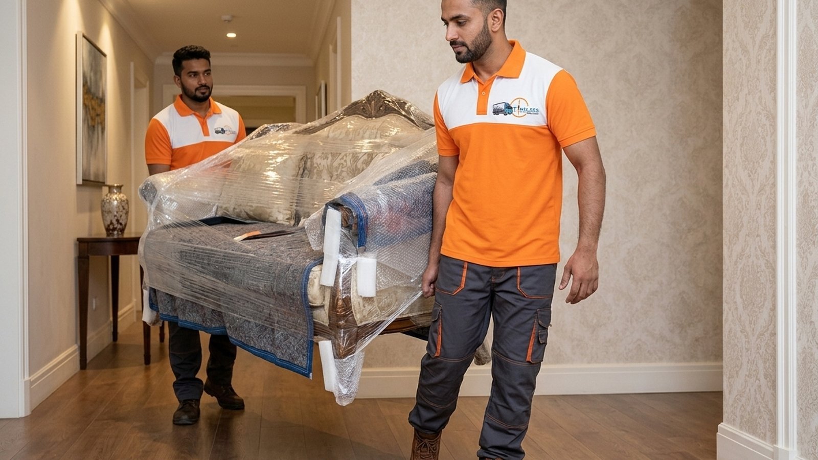 Timeless Relocation movers in orange uniforms moving boxes in a The Views tower lobby