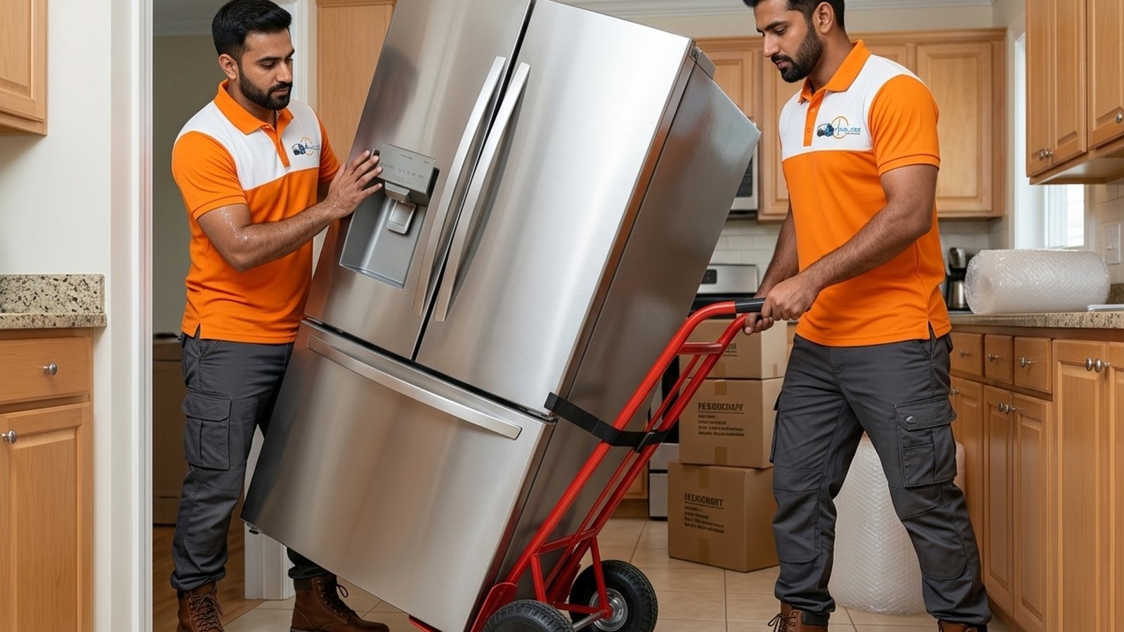 Timeless Relocation movers in orange uniforms moving boxes in a Victory Heights tower lobby