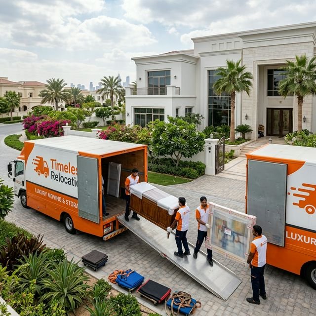 Expert villa movers carefully relocating furniture in a Dubai villa